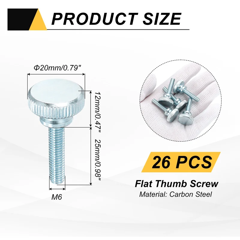 26 Pcs M6x25mm Zinc Plated Flat Knurled Fully Threaded Thumb Screws