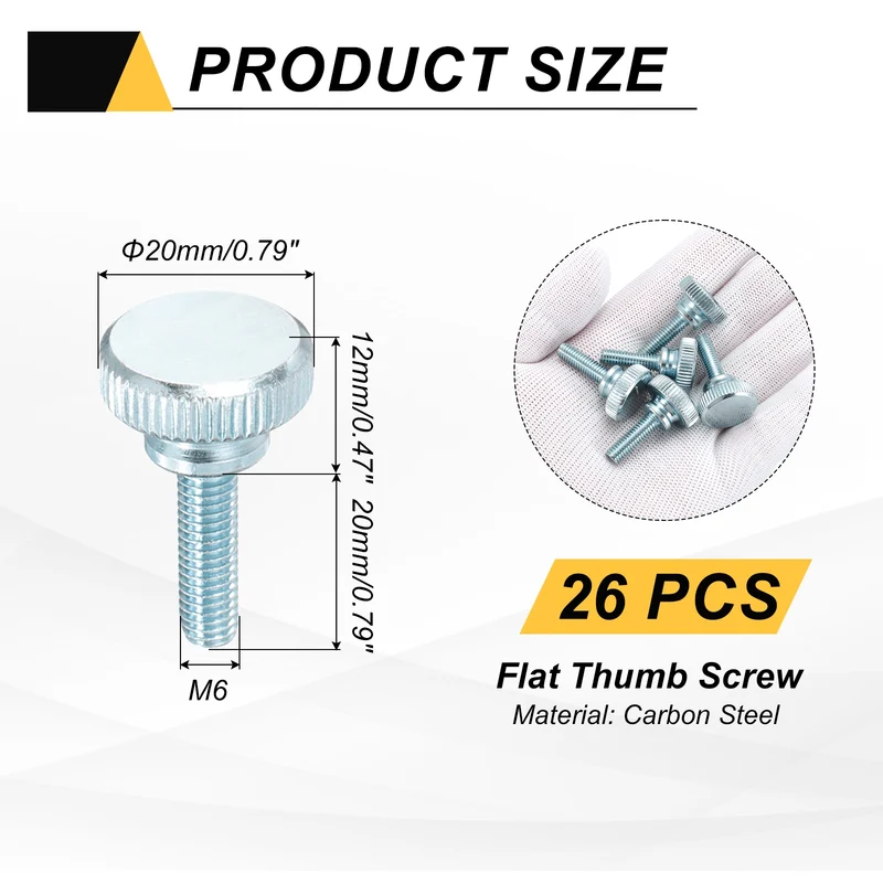 26 Pcs M6x20mm Zinc Plated Flat Knurled Fully Threaded Thumb Screws