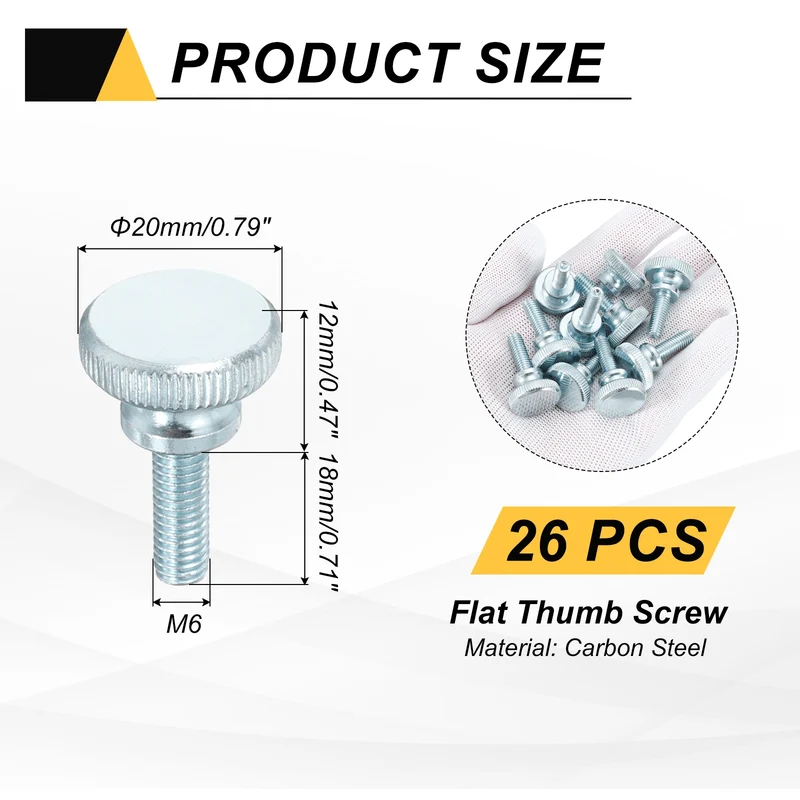 26 Pcs M6x18mm Zinc Plated Flat Knurled Fully Threaded Thumb Screws