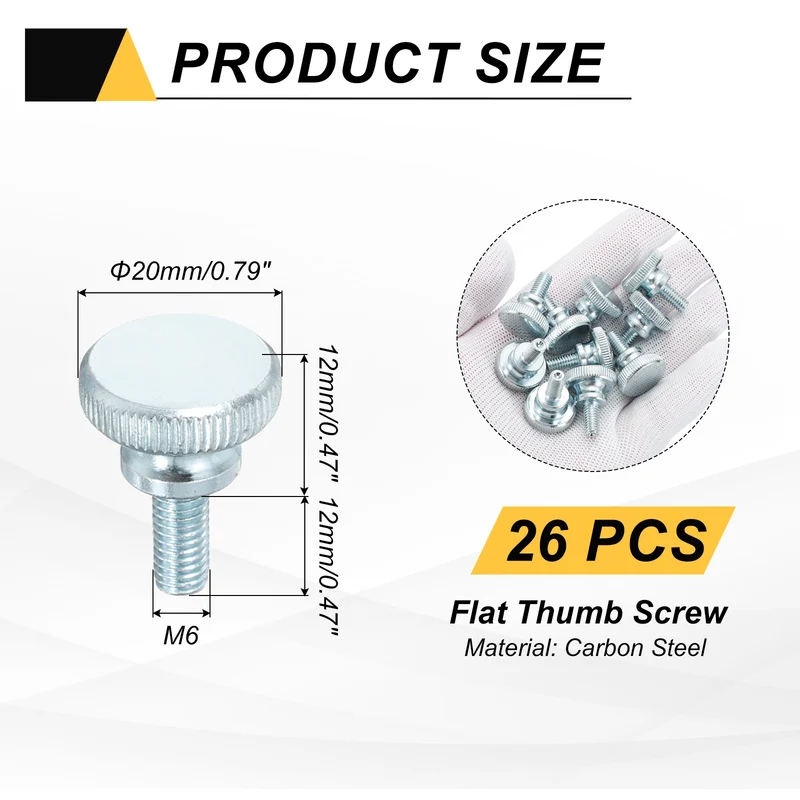 26 Pcs M6x12mm Zinc Plated Flat Knurled Fully Threaded Thumb Screws