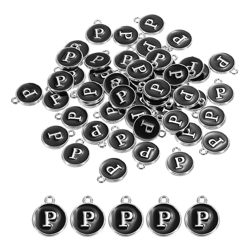 50 Pcs Alphabet P Enamel Letter Charm Enamel Initial Charm Black