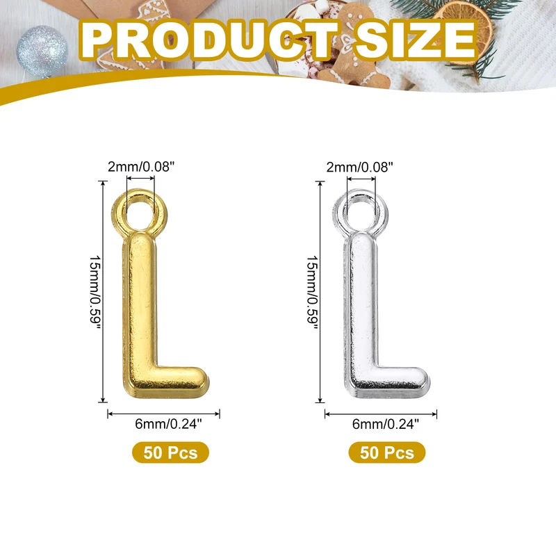 0.3" Letter Charm A-Z for Jewelry Making - L (100 Pack, Dark Silver/Gold)