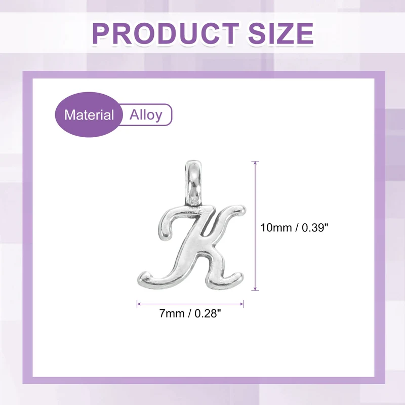 100Pcs A-Z Alphabet Charm, Metal Alphabet K Letter Charm Initial Charm, Silver