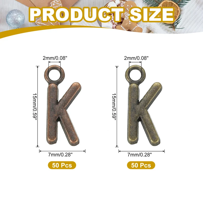 0.3" Letter Charm A-Z for Jewelry Making - K (100 Pack, Dark Cyan/Red Bronze)