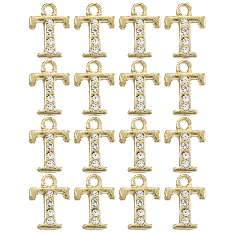 Rhinestone Letter Charm, 16pcs 1.5mm Metal T Letter Charm, Gold