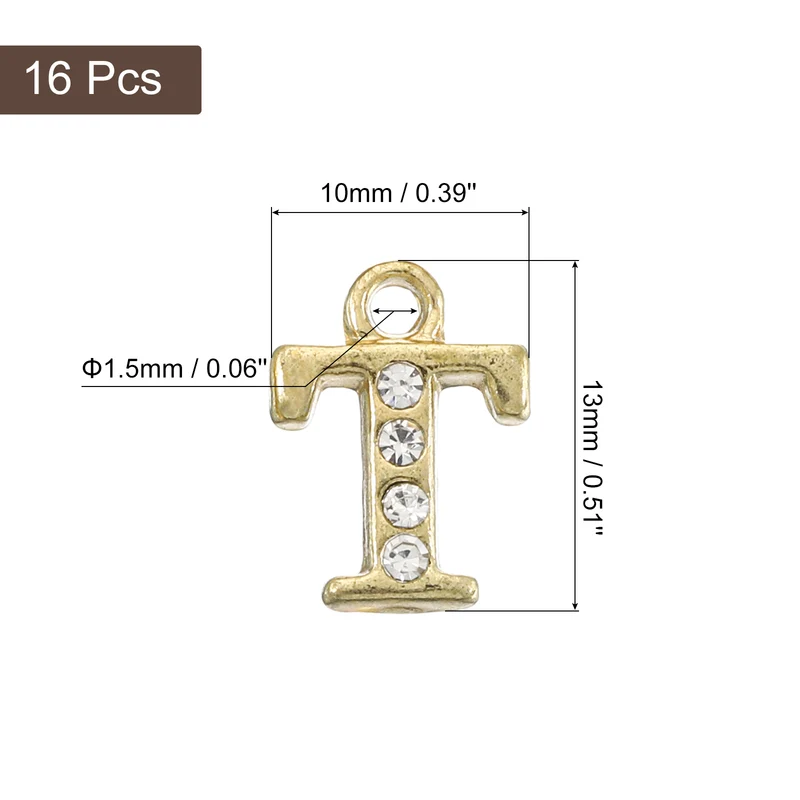 Rhinestone Letter Charm, 16pcs 1.5mm Metal T Letter Charm, Gold