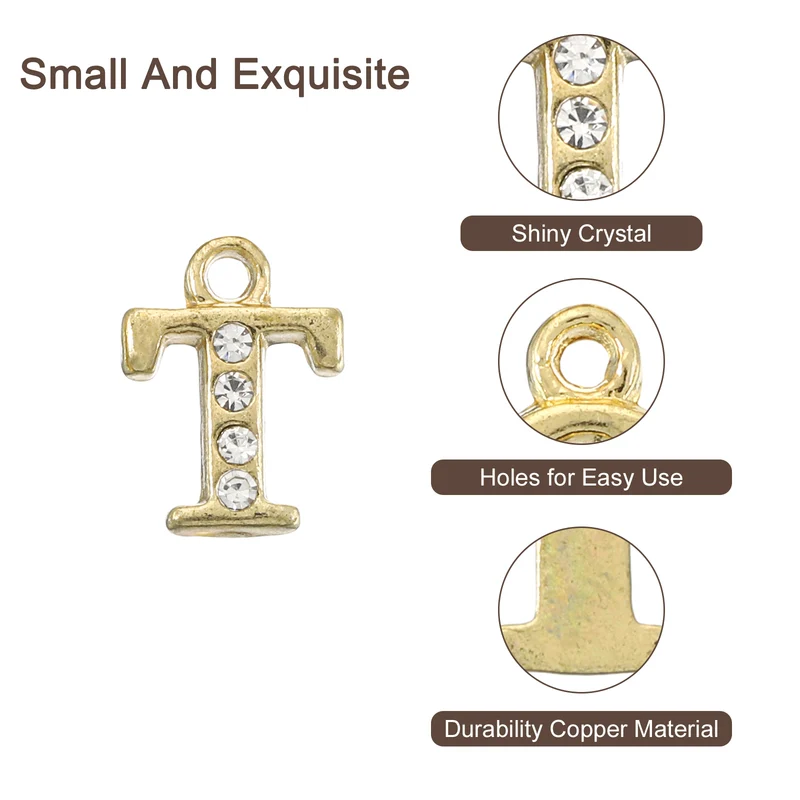 Rhinestone Letter Charm, 16pcs 1.5mm Metal T Letter Charm, Gold