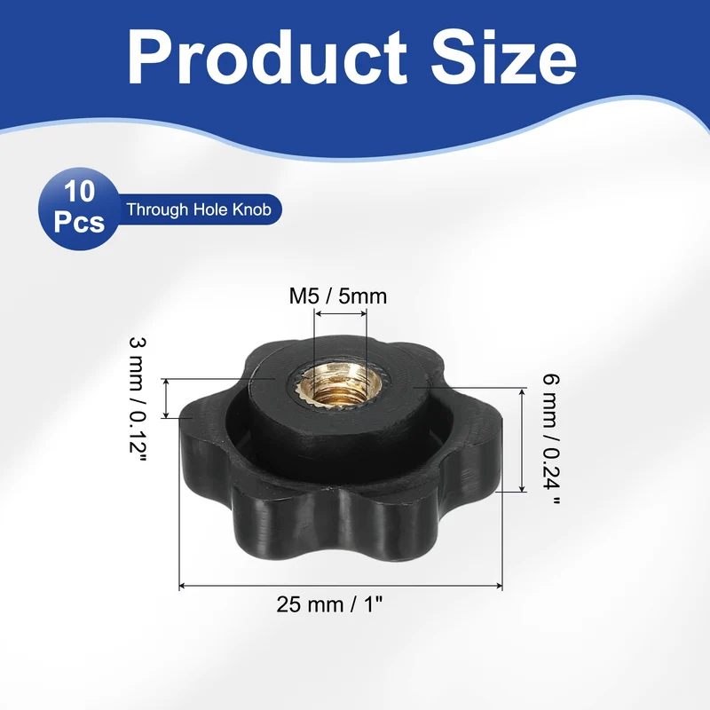 M5 x 25mm Thread Star Knobs, 10 Pcs Knurled Clamping Knob Handle, Black