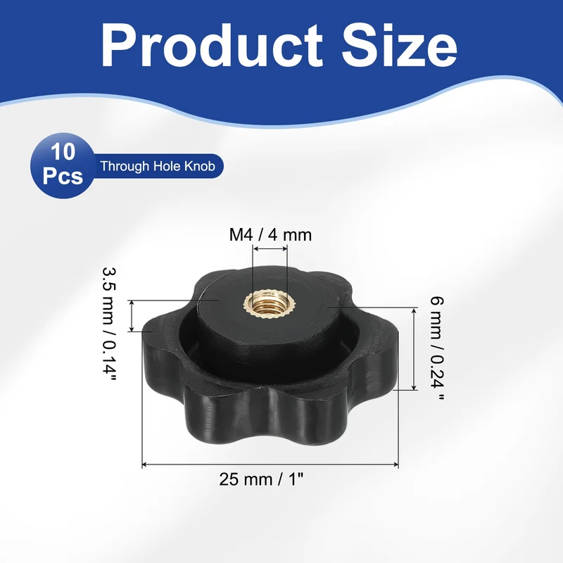 M4 x 25mm Thread Star Knobs, 10 Pcs Knurled Clamping Knob Handle, Black