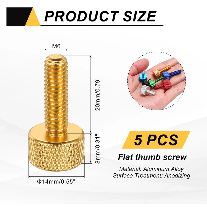 5Pcs M6x20mm Flat Head Knurled Thumb Screws for Graphics Card Gold