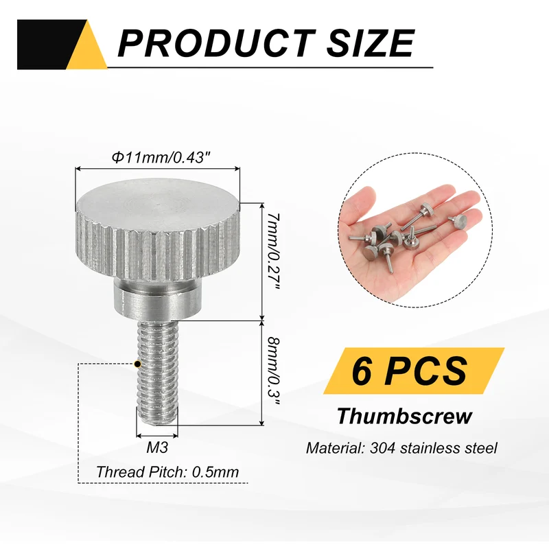 6PCS M3 x 8mm Flat Knurled Head Thumb Screws for Household Appliances