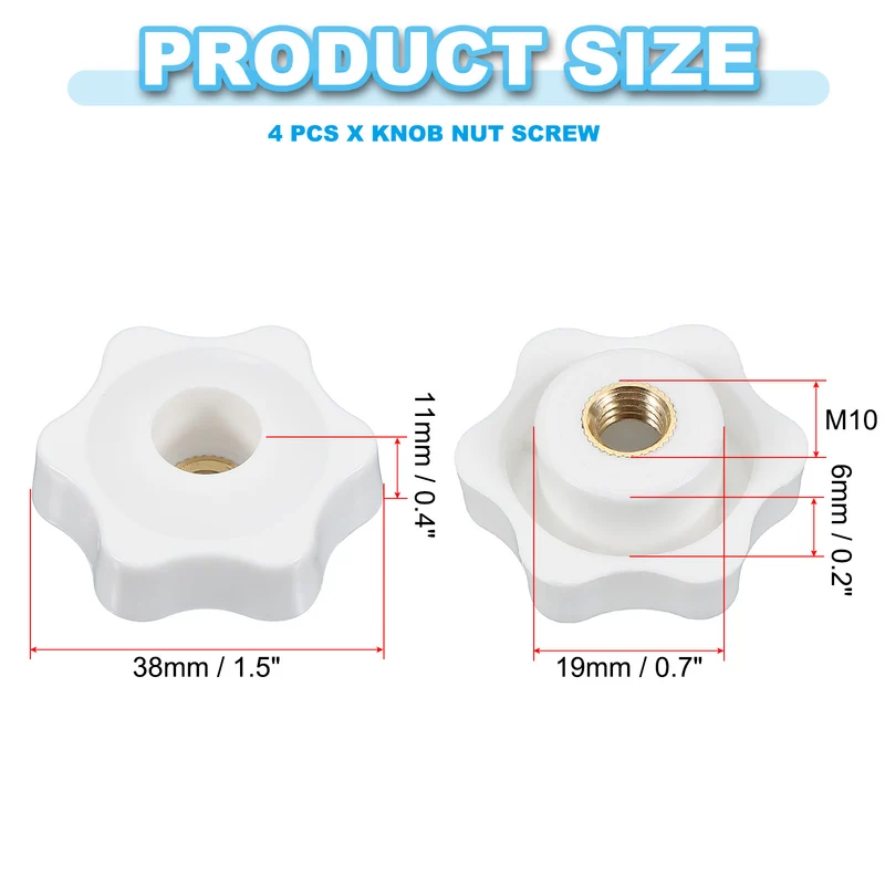 M10 x 38mm Through Hole Knob Nut Screw 4 Pcs Brass Female Thread Knob White