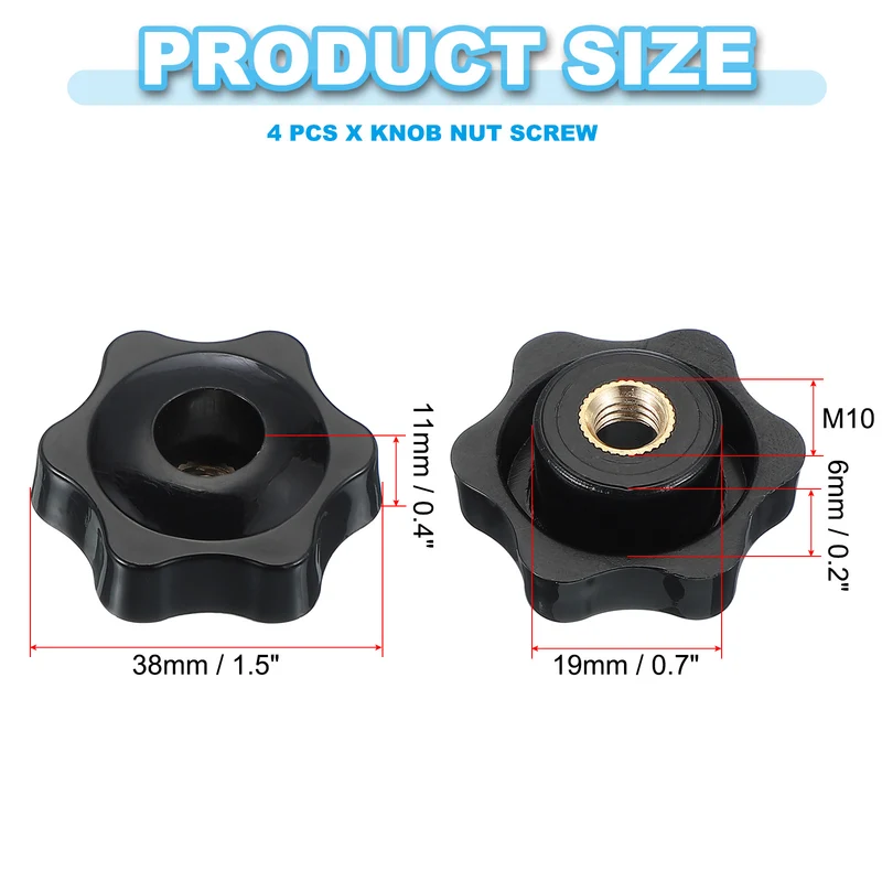 M10 x 38mm Through Hole Knob Nut Screw 4 Pcs Brass Female Thread Knob Black
