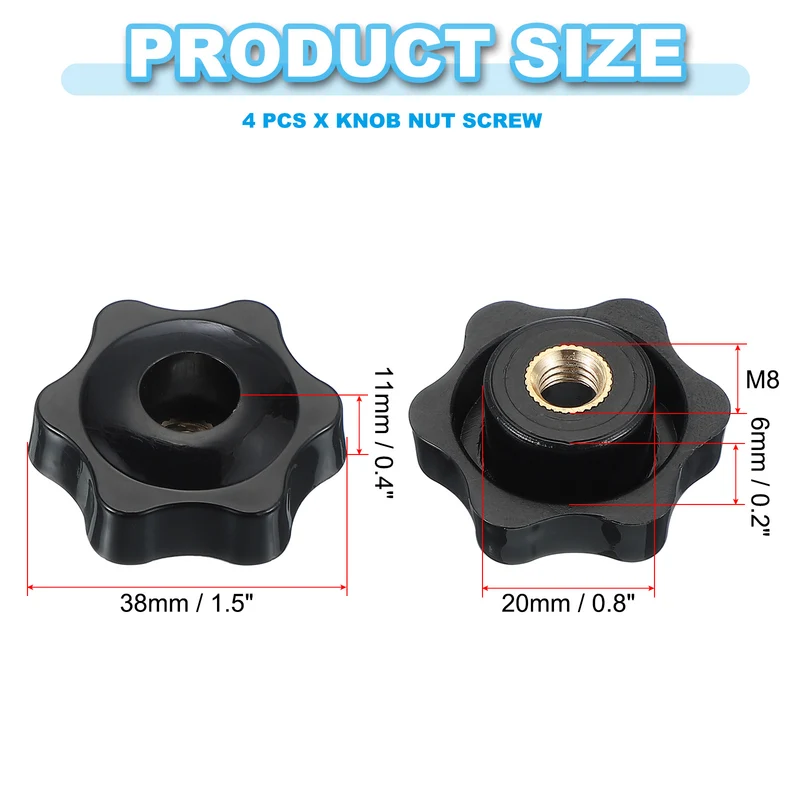 M8 x 38mm Through Hole Knob Nut Screw 4 Pcs Brass Female Thread Knob Black