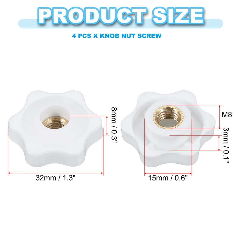 M8 x 32mm Through Hole Knob Nut Screw 4 Pcs Brass Female Thread Knob White