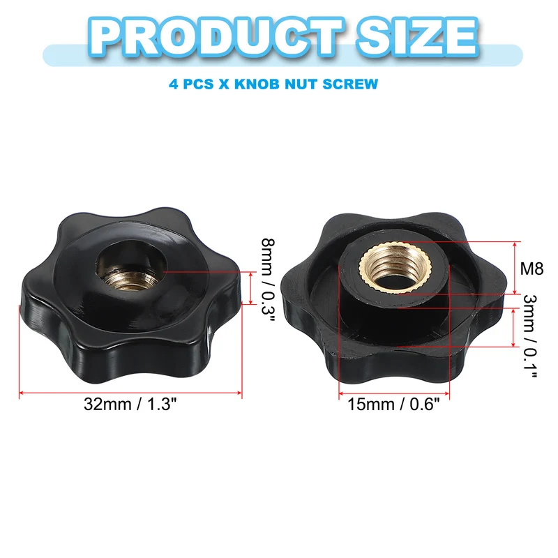 M8 x 32mm Through Hole Knob Nut Screw 4 Pcs Brass Female Thread Knob Black