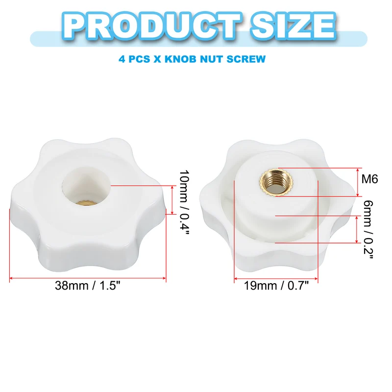 M6 x 38mm Through Hole Knob Nut Screw 4 Pcs Brass Female Thread Knob White