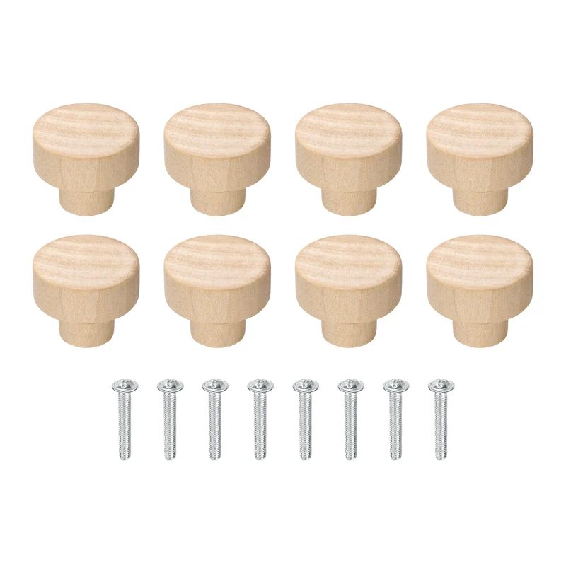 8Pcs Round Wood Drawer Knob, 1.18" Dia Flat Head Dresser Knobs with Screws