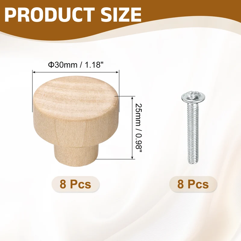 8Pcs Round Wood Drawer Knob, 1.18" Dia Flat Head Dresser Knobs with Screws
