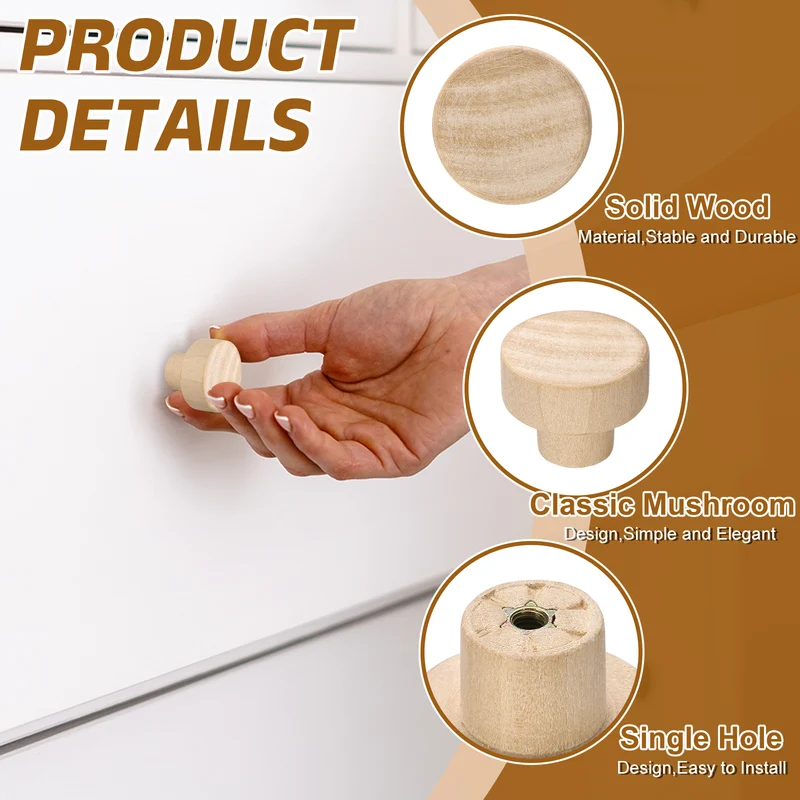 8Pcs Round Wood Drawer Knob, 1.18" Dia Flat Head Dresser Knobs with Screws