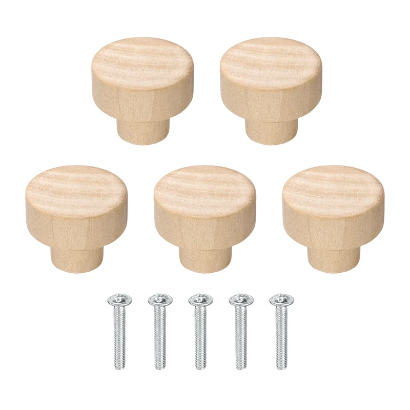5Pcs Round Wood Drawer Knob, 1.18" Dia Flat Head Dresser Knobs with Screws