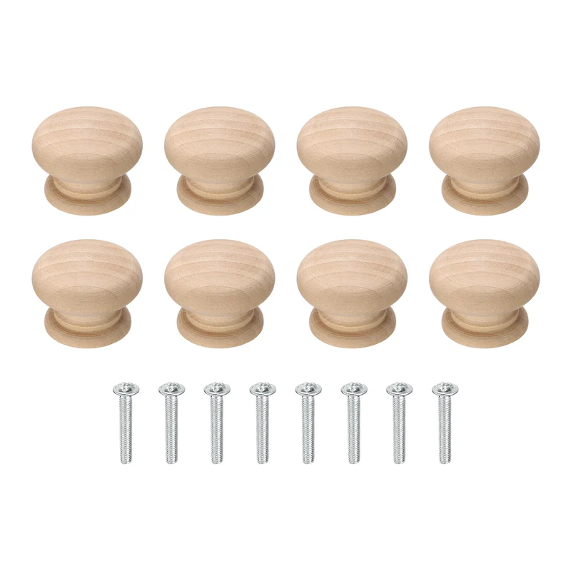 8Pcs Round Wood Drawer Knob, 1.38" Dia Mushroom Shape Wooden Knobs with Screws