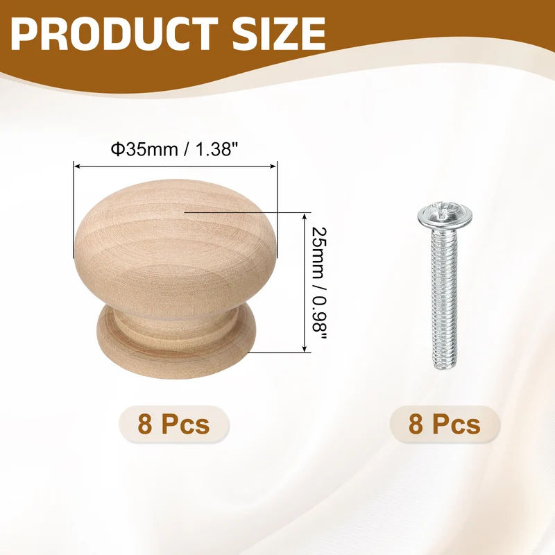 8Pcs Round Wood Drawer Knob, 1.38" Dia Mushroom Shape Wooden Knobs with Screws