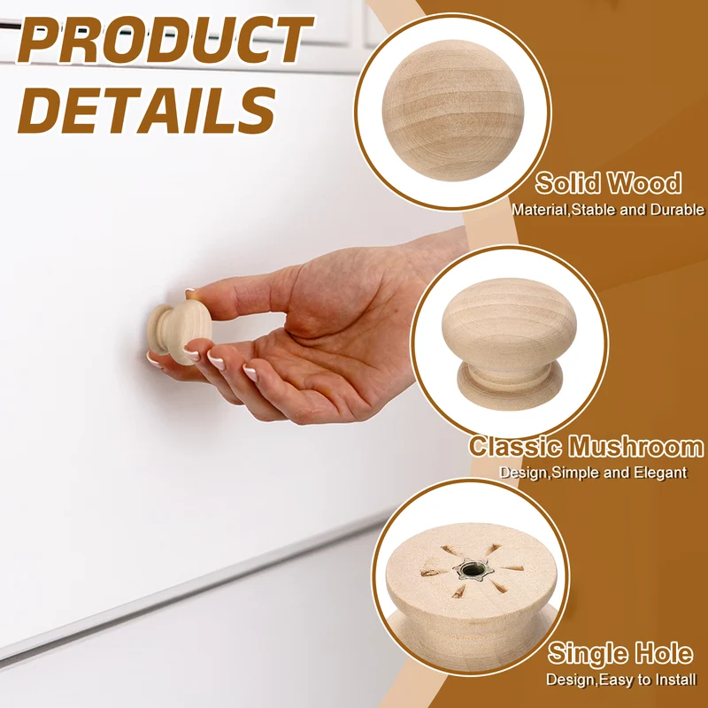 8Pcs Round Wood Drawer Knob, 1.38" Dia Mushroom Shape Wooden Knobs with Screws