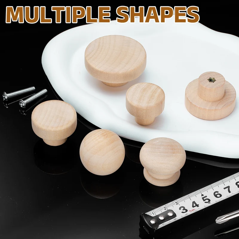 8Pcs Round Wood Drawer Knob, 1.38" Dia Mushroom Shape Wooden Knobs with Screws