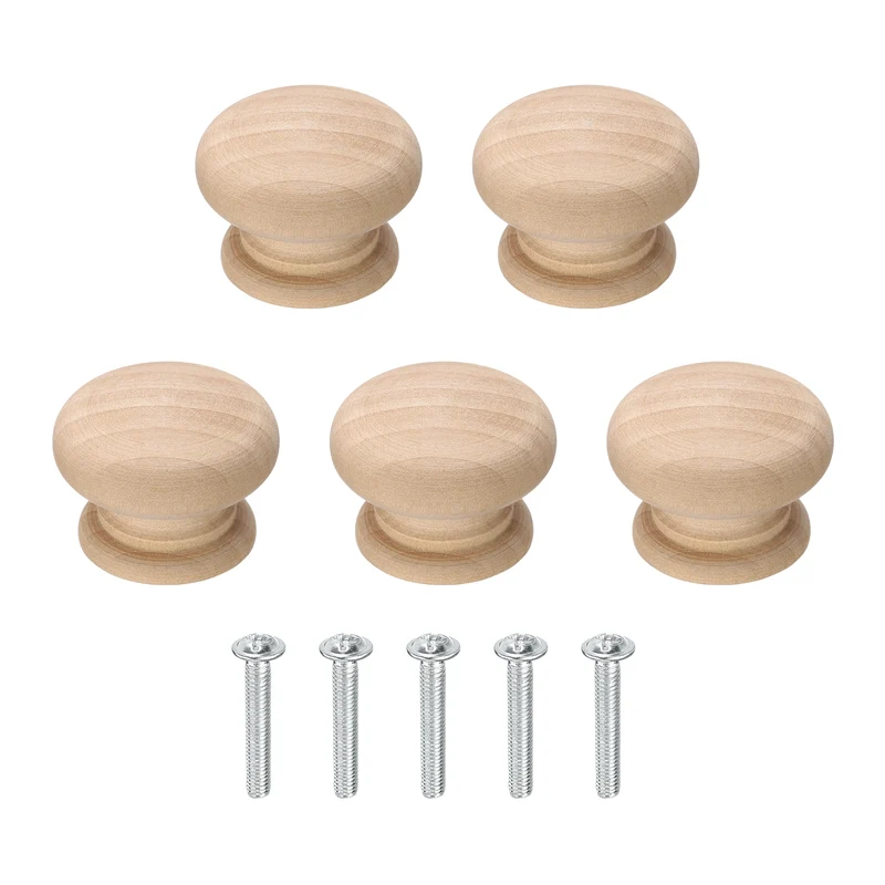 5Pcs Round Wood Drawer Knob, 1.38" Dia Mushroom Shape Wooden Knobs with Screws