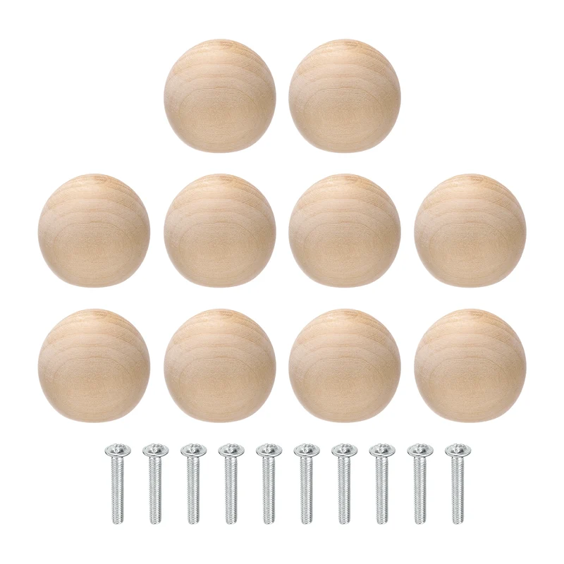 10Pcs Round Wood Drawer Knob, 1.38" Dia Ball Shaped Dresser Knobs with Screws
