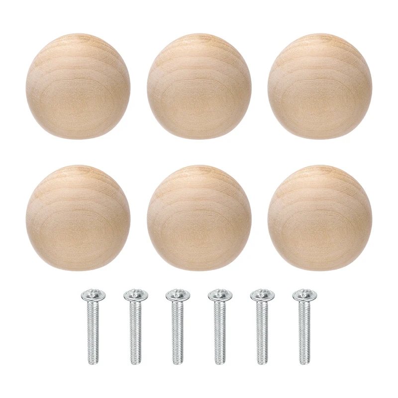 6Pcs Round Wood Drawer Knob, 1.38" Dia Ball Shaped Dresser Knobs with Screws