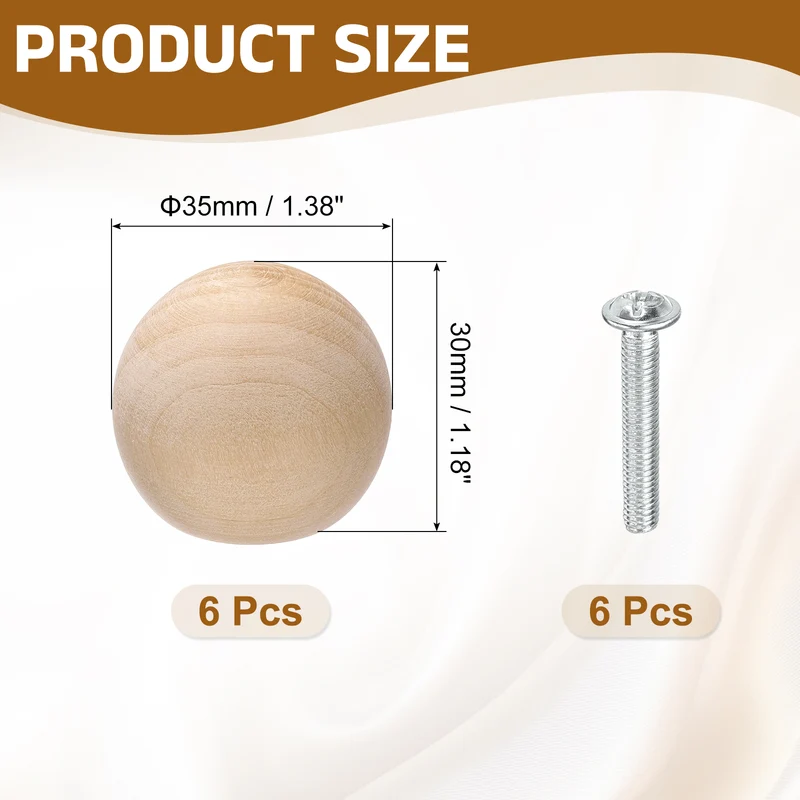 6Pcs Round Wood Drawer Knob, 1.38" Dia Ball Shaped Dresser Knobs with Screws
