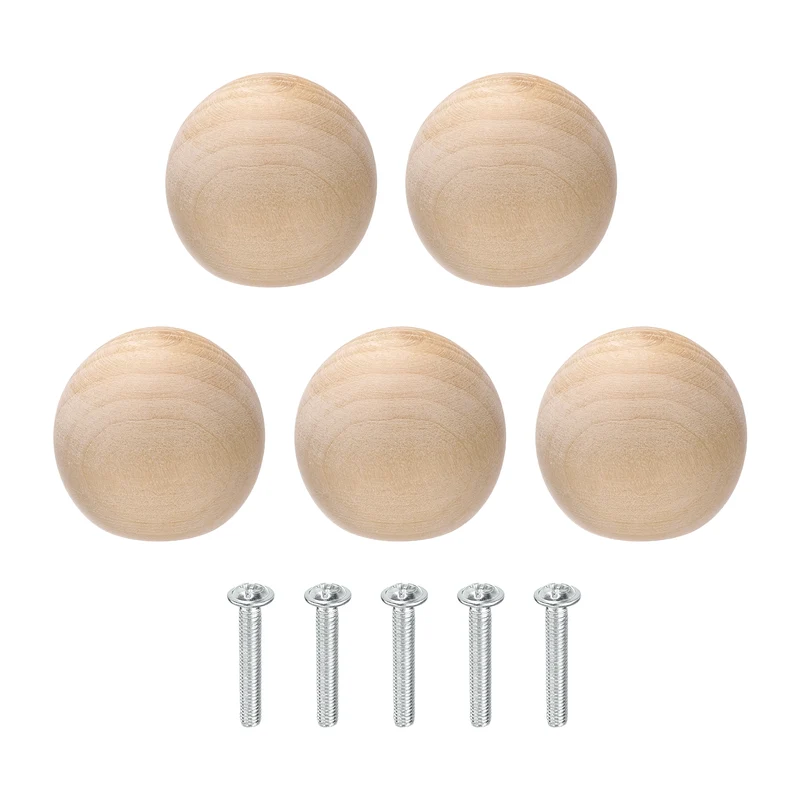 5Pcs Round Wood Drawer Knob, 1.38" Dia Ball Shaped Dresser Knobs with Screws