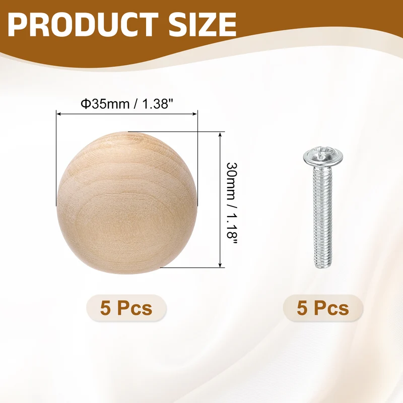 5Pcs Round Wood Drawer Knob, 1.38" Dia Ball Shaped Dresser Knobs with Screws