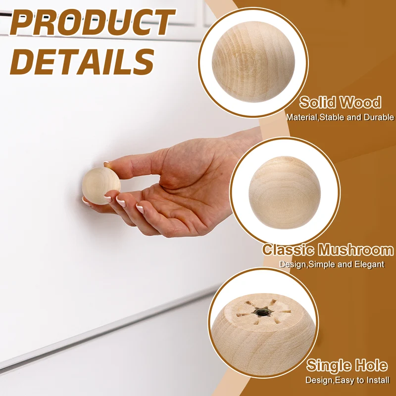 5Pcs Round Wood Drawer Knob, 1.38" Dia Ball Shaped Dresser Knobs with Screws