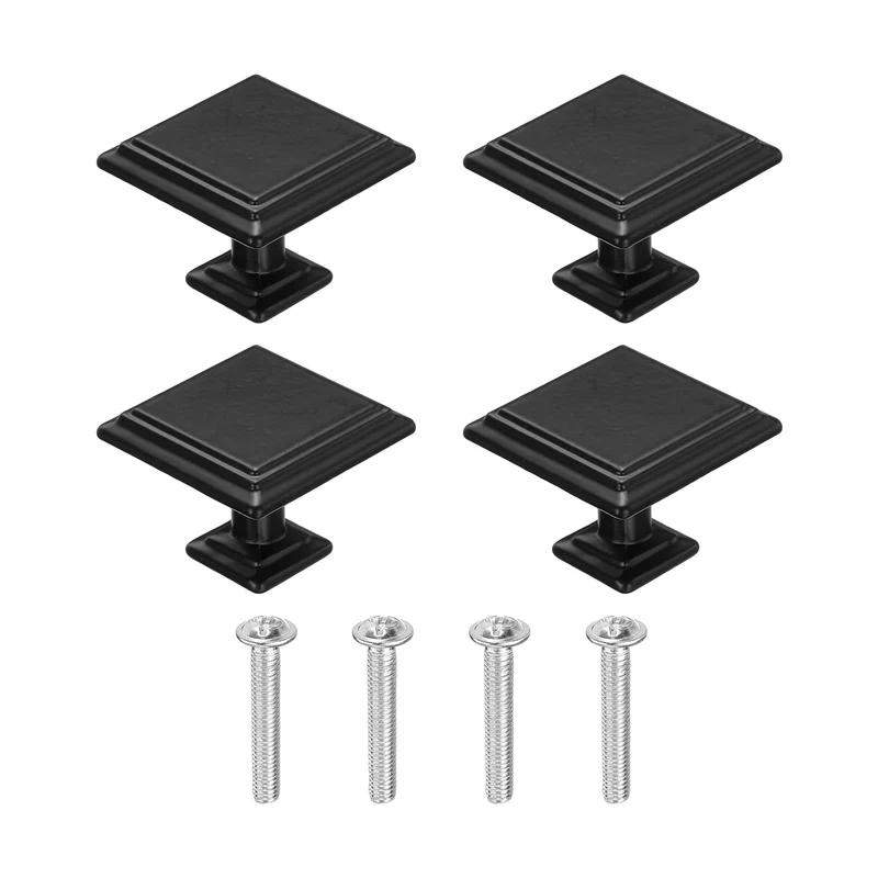 4Pcs Cabinet Knobs, 1.18" Single Hole Square Drawer Knob with Screws, Black