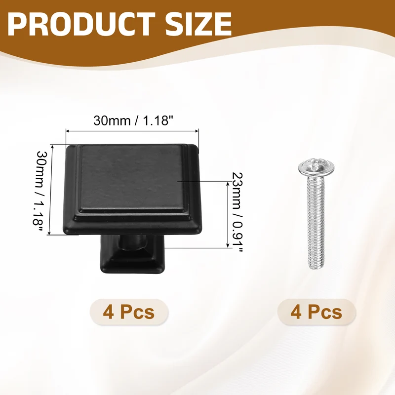 4Pcs Cabinet Knobs, 1.18" Single Hole Square Drawer Knob with Screws, Black