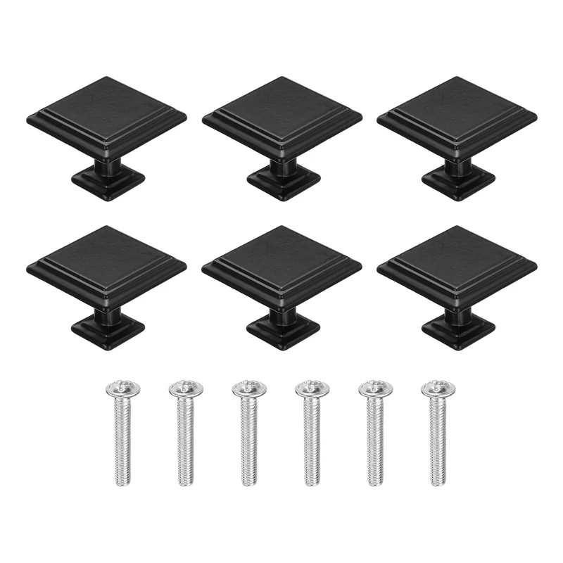 6Pcs Cabinet Knobs, 1.18" Single Hole Square Drawer Knob with Screws, Black