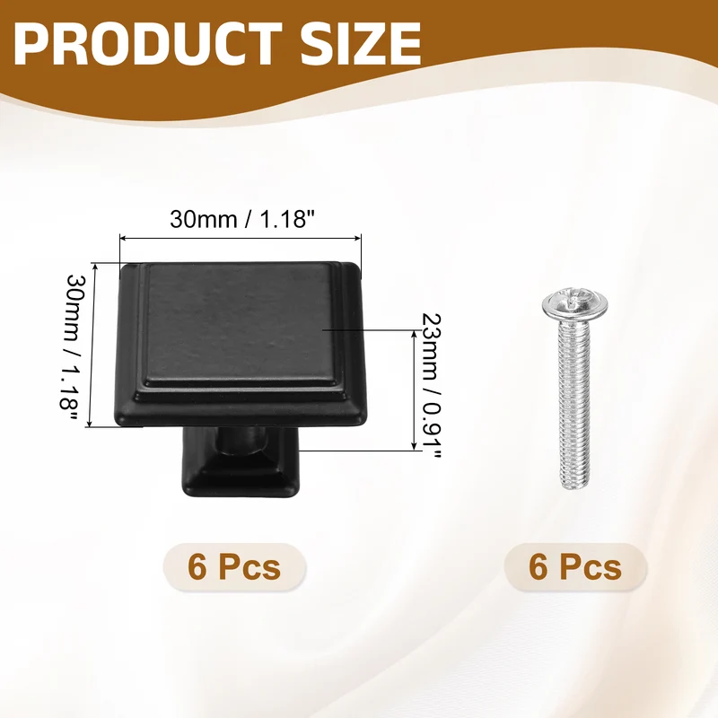 6Pcs Cabinet Knobs, 1.18" Single Hole Square Drawer Knob with Screws, Black
