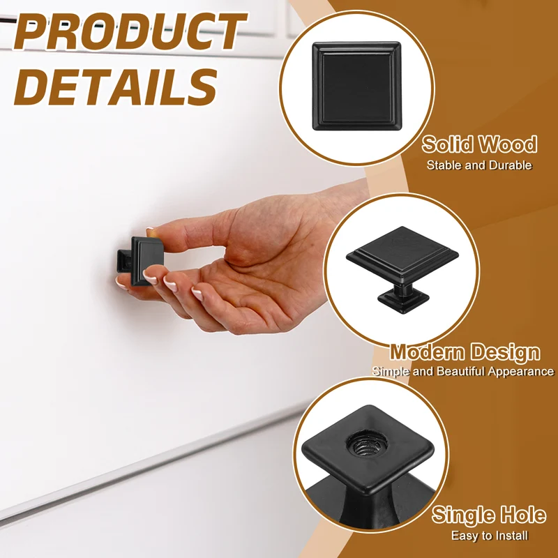 6Pcs Cabinet Knobs, 1.18" Single Hole Square Drawer Knob with Screws, Black