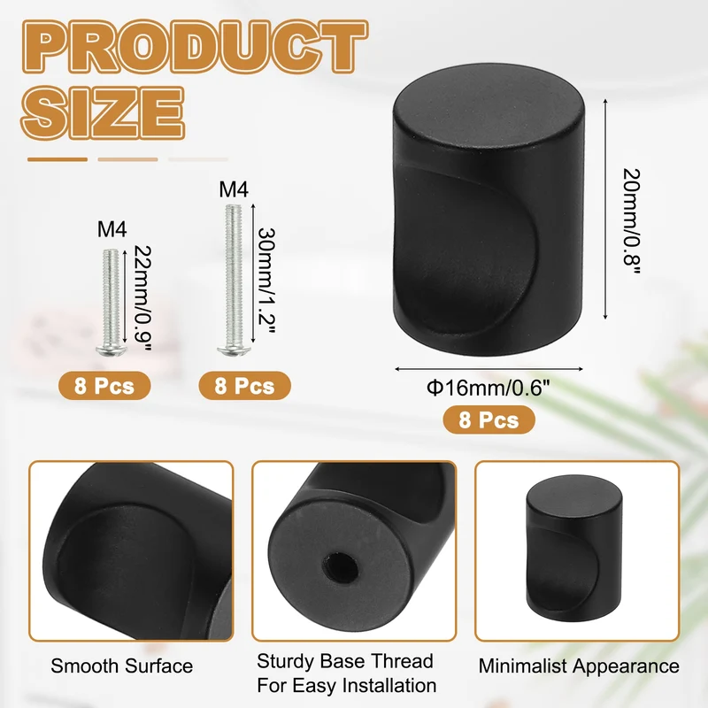 8 Pcs Cylindrical Aluminum Alloy Knobs, Single Hole Pull with Screw, 16mm Black