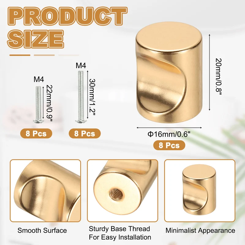 8 Pcs Cylindrical Aluminum Alloy Knobs, Single Hole Pull with Screw, 16mm Gold