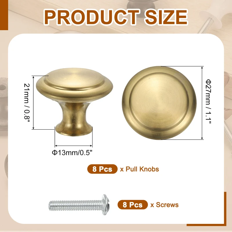 8Pcs Stainless Steel Knobs Single Hole Pull with Screw 27mm Gold