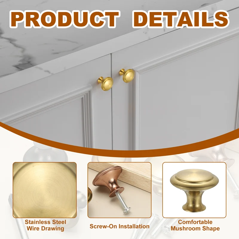 8Pcs Stainless Steel Knobs Single Hole Pull with Screw 27mm Gold
