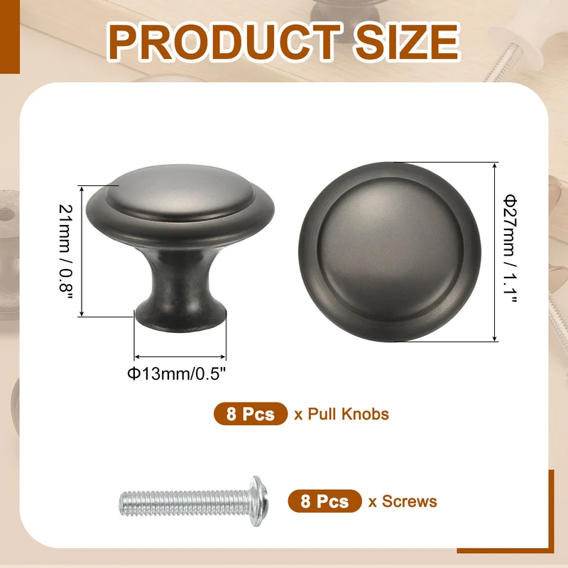 8 Pcs Stainless Steel Knobs, Single Hole Pull with Screw, 27mm Grey
