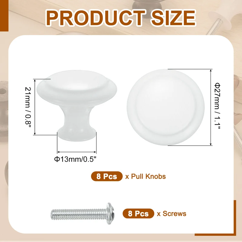 8Pcs Stainless Steel Knobs Single Hole Pull with Screw 27mm White