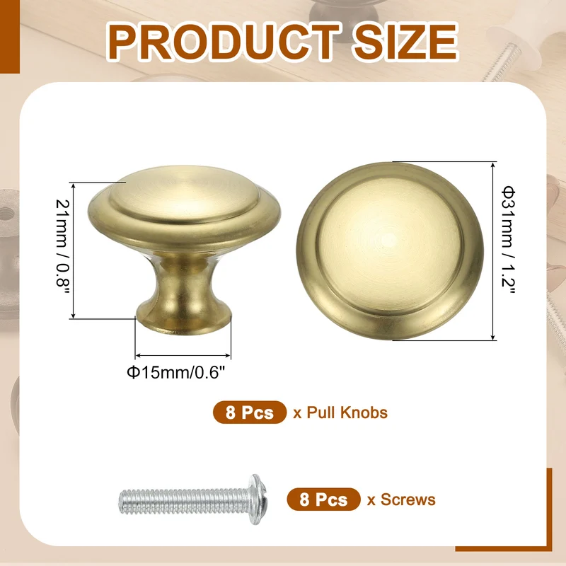 8Pcs Stainless Steel Knobs Single Hole Pull with Screw 30mm Gold