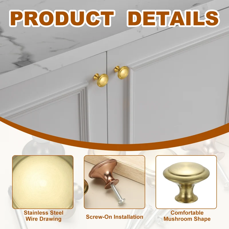 8Pcs Stainless Steel Knobs Single Hole Pull with Screw 30mm Gold