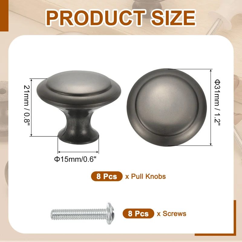 8Pcs Stainless Steel Knobs Single Hole Pull with Screw 30mm Gray